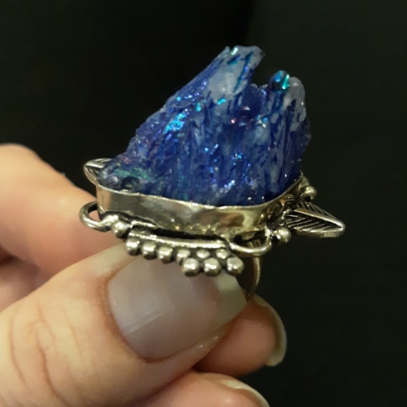 Handmade Jewelry - New Blue Titanium Crystal Agate Druzy 925 Silver Ring.